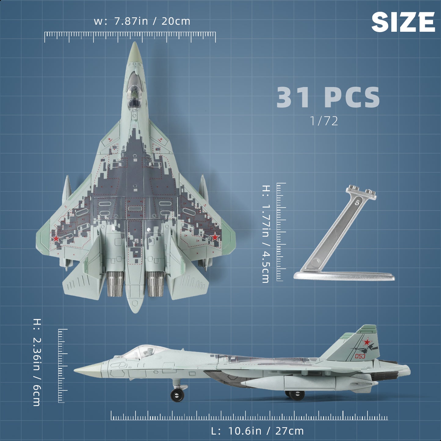 1/72 SU-57 Felon Fighter Jet Quick Build Model Kit, Snap-Fit Stealth Military Aircraft with Display Stand (31 Pieces)