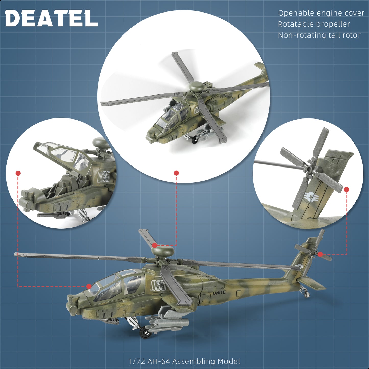 1/72 AH-64 Apache Attack Helicopter Quick Build Model Kit, Snap-Together Military Aircraft with Display Stand (25 Pieces)