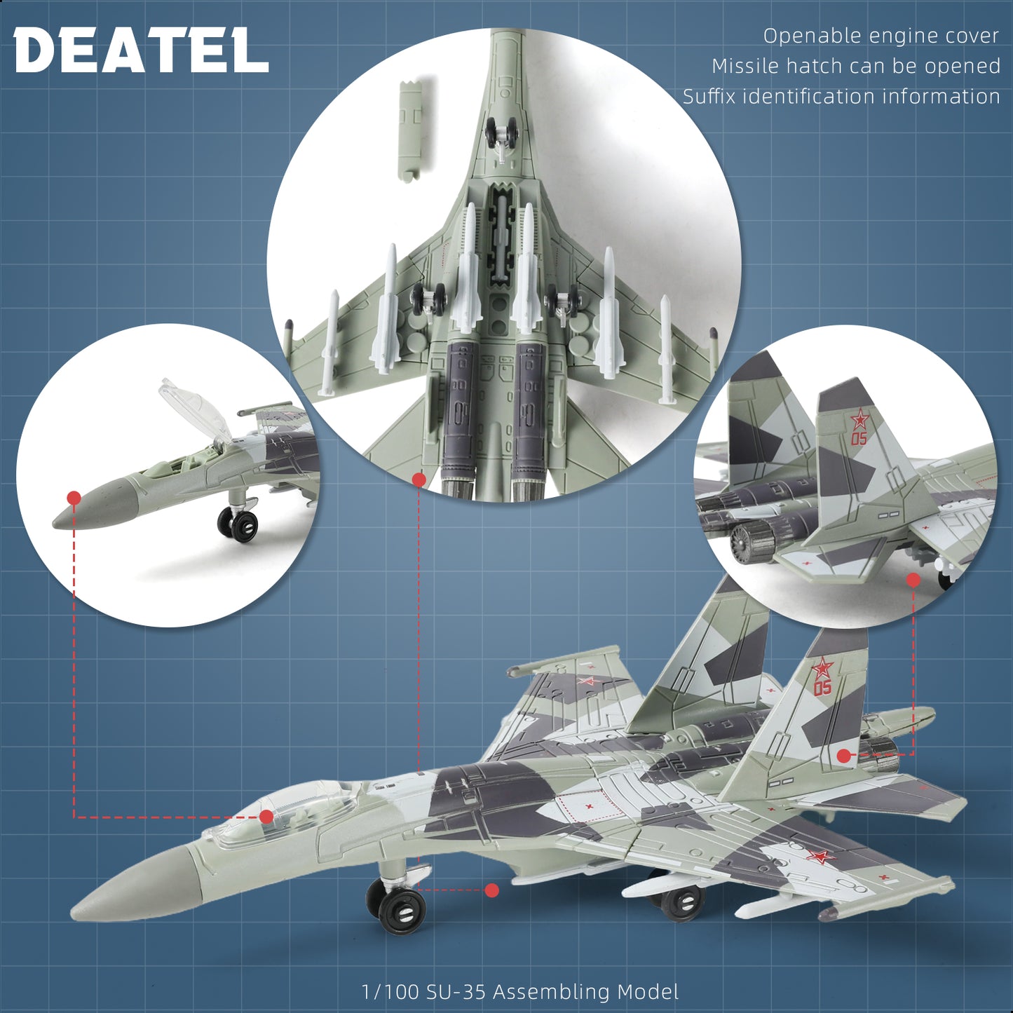 1/100 SU-35 Flanker-E Fighter Jet Quick Build Model Kit, Snap-Fit Russian Military Aircraft with Display Stand (25 Pieces)