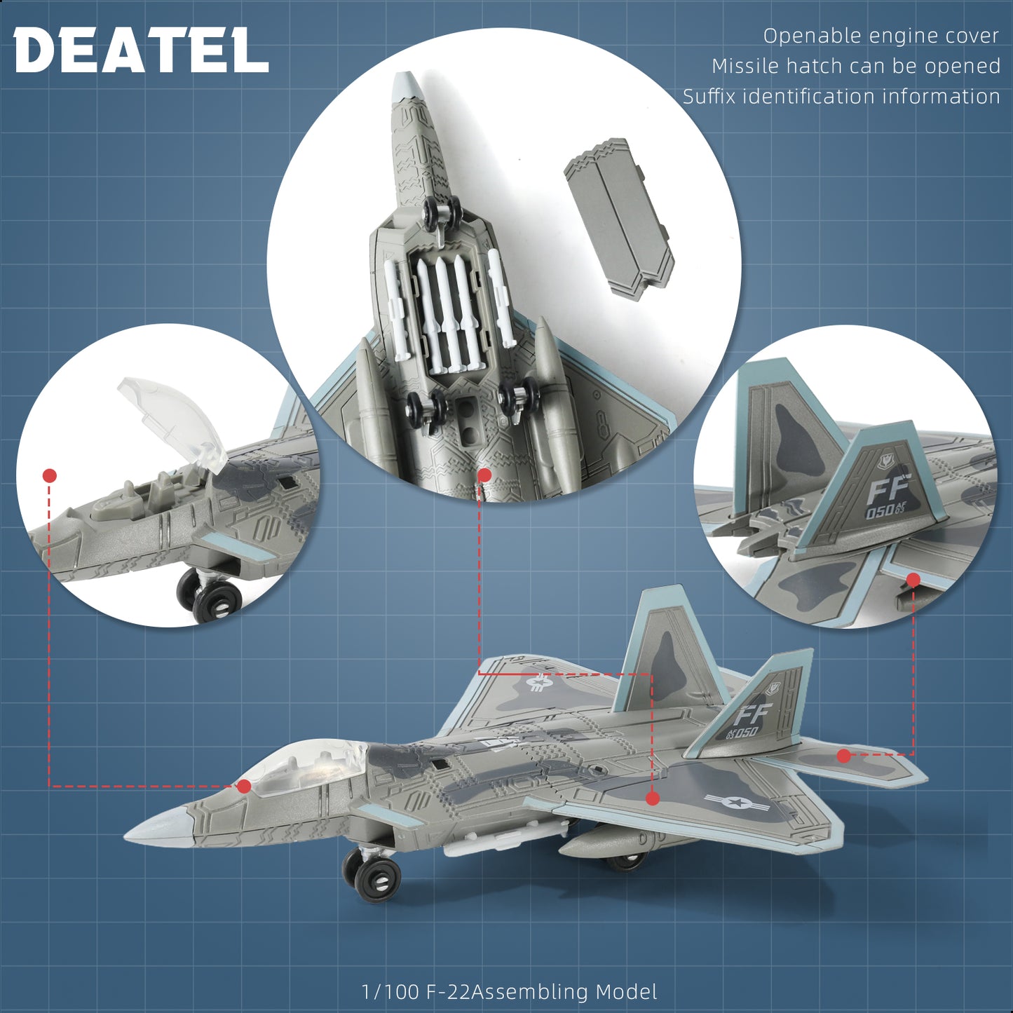 1/100 F-22 Raptor Fighter Jet Quick Build Model Kit, Snap-Together Stealth Aircraft with Display Stand (22 Pieces)