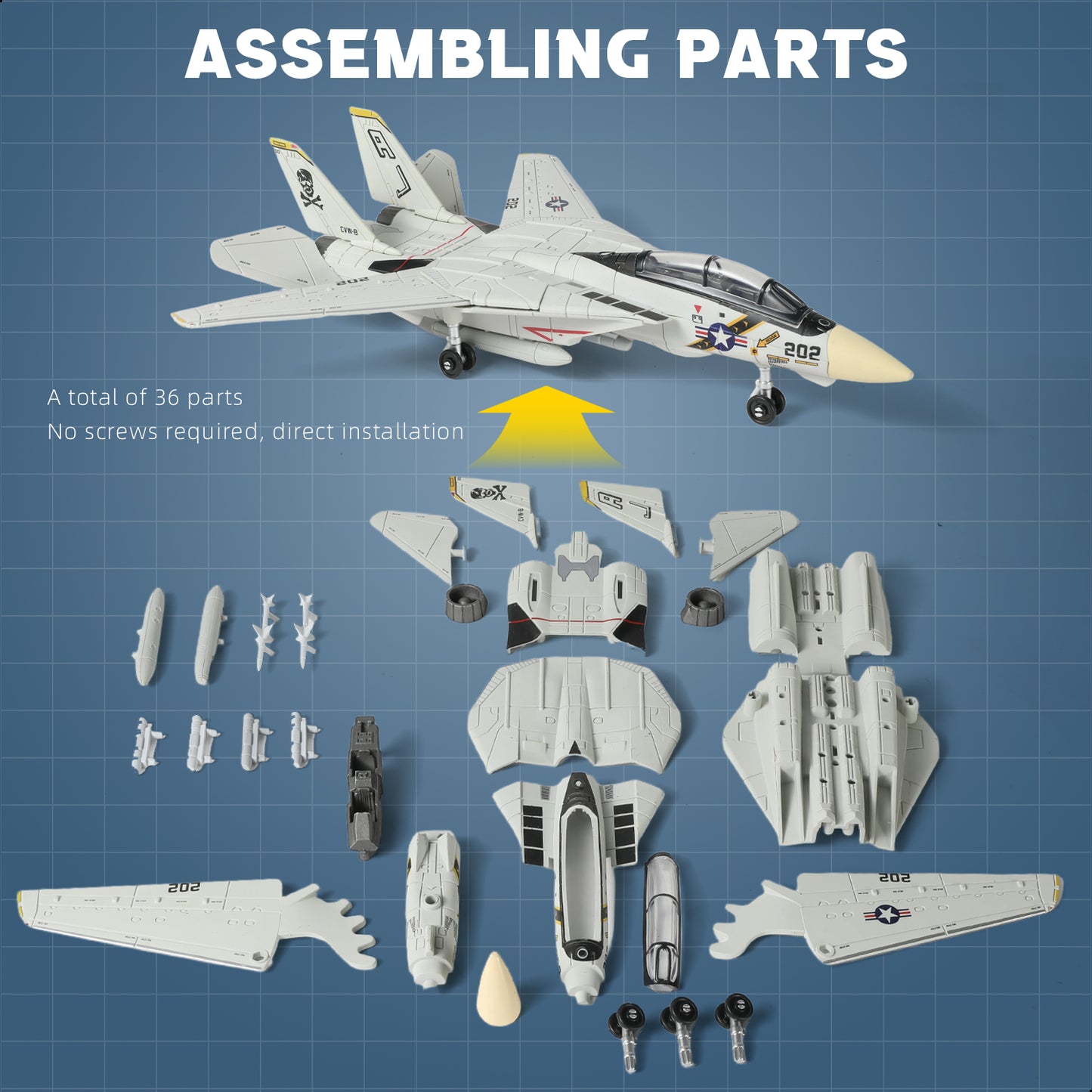 1/72 F-14 Tomcat Fighter Jet Quick Build Model Kit, Snap-Fit Military Aircraft with Display Stand (36 Pieces)