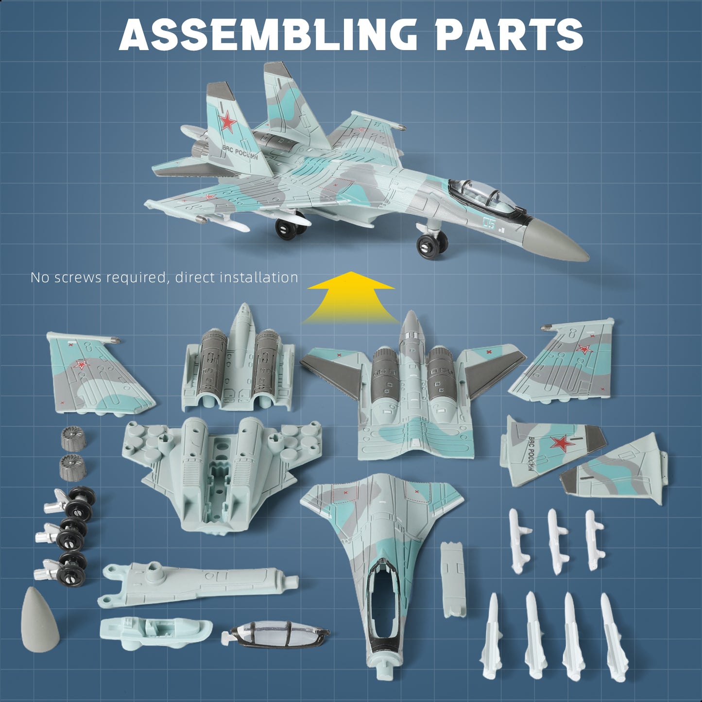 1/100 SU-35S Flanker-E Fighter Jet Quick Build Model Kit, Snap-Together Military Aircraft with Display Stand (25 Pieces)