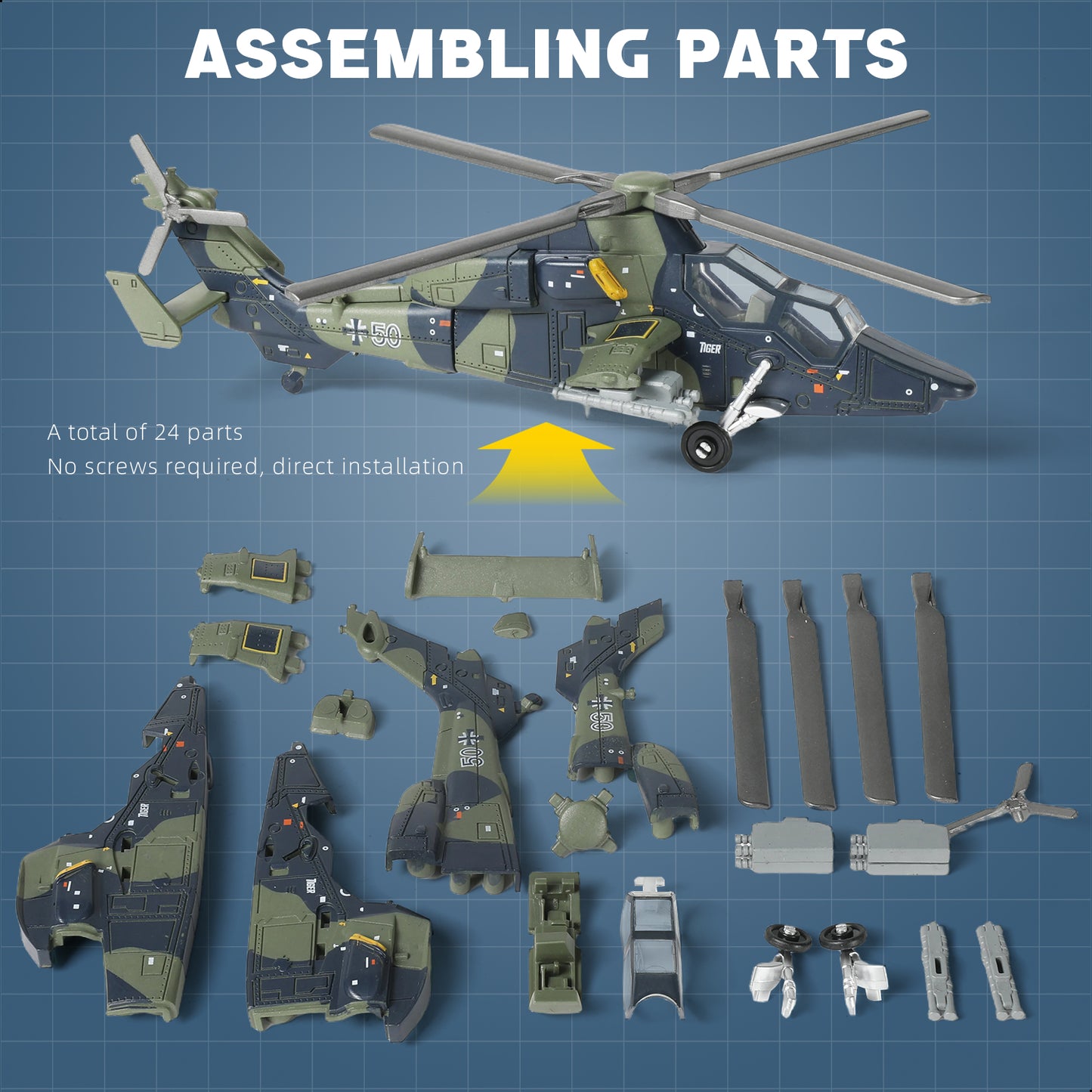 1/72 EC-665 Tiger Attack Helicopter Quick Build Model Kit, Snap-Together Military Aircraft with Display Stand (24 Pieces)
