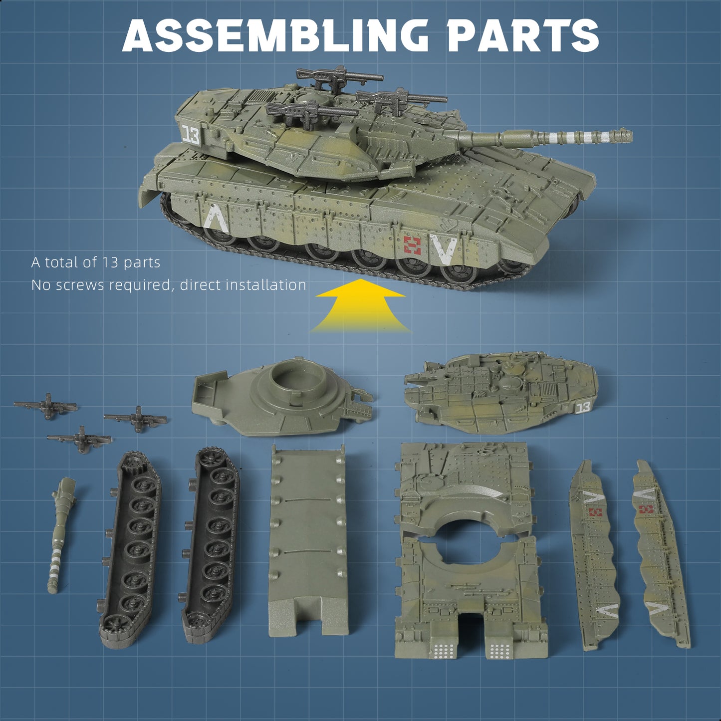 1/72 Merkava Main Battle Tank Quick Build Model Kit, Snap-Together Israeli Army Armored Vehicle (13 Pieces)