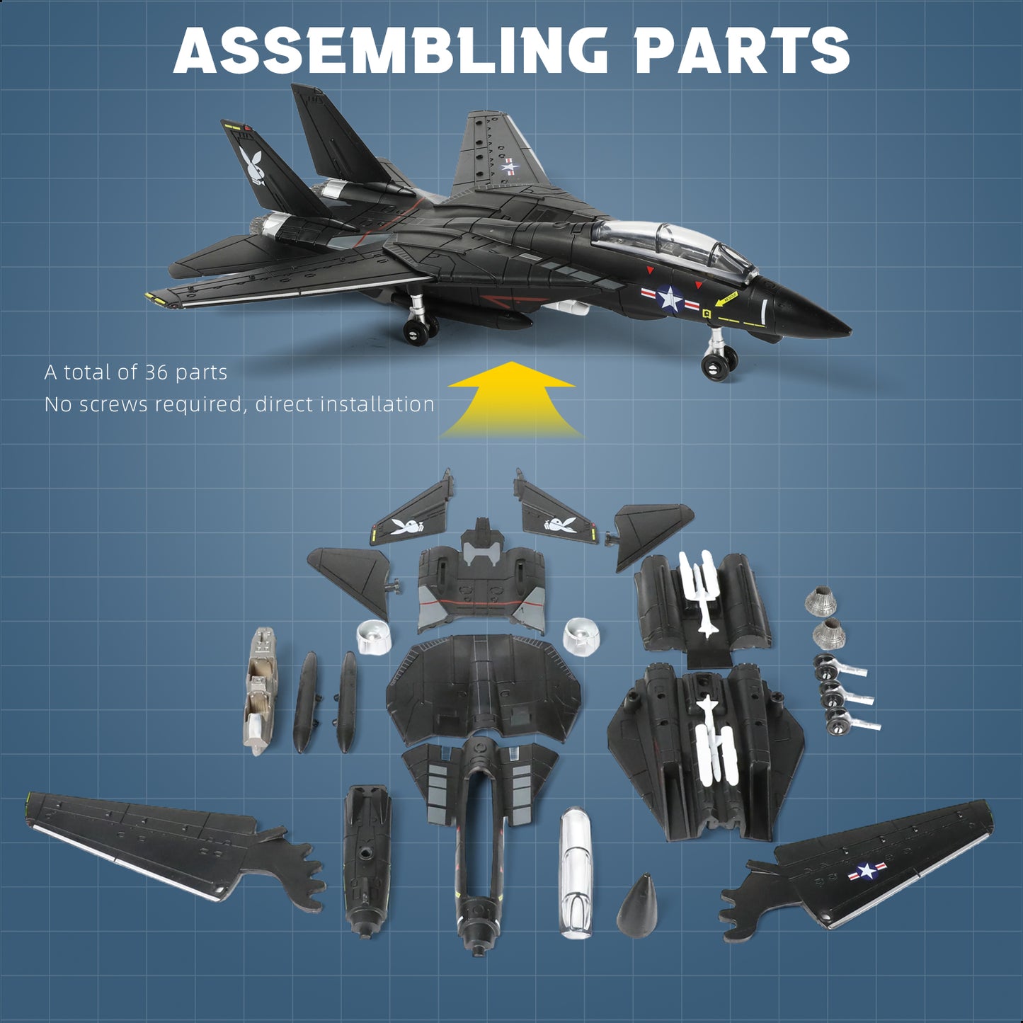 1/72 F-14 Tomcat Fighter Jet Quick Build Model Kit (Black), Snap-Fit Military Aircraft with Display Stand (36 Pieces)