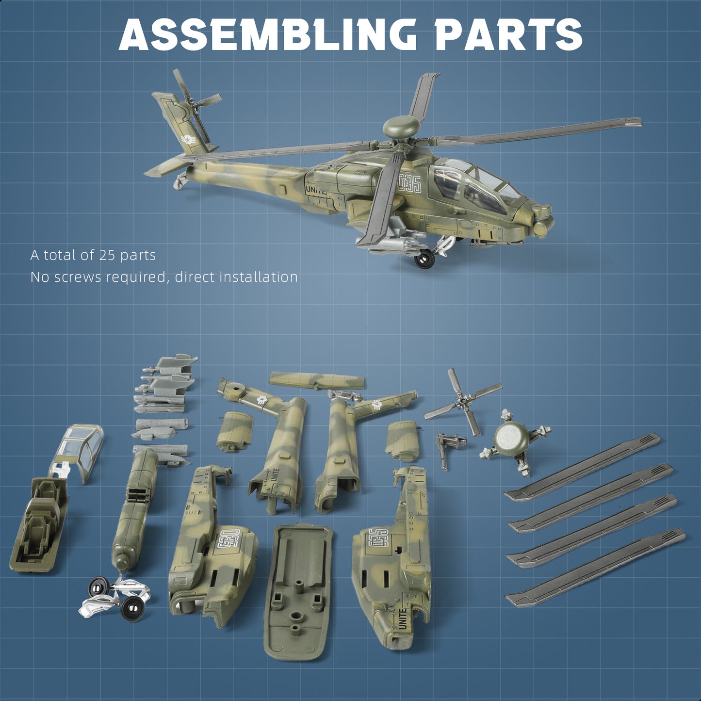 1/72 AH-64 Apache Attack Helicopter Quick Build Model Kit, Snap-Together Military Aircraft with Display Stand (25 Pieces)