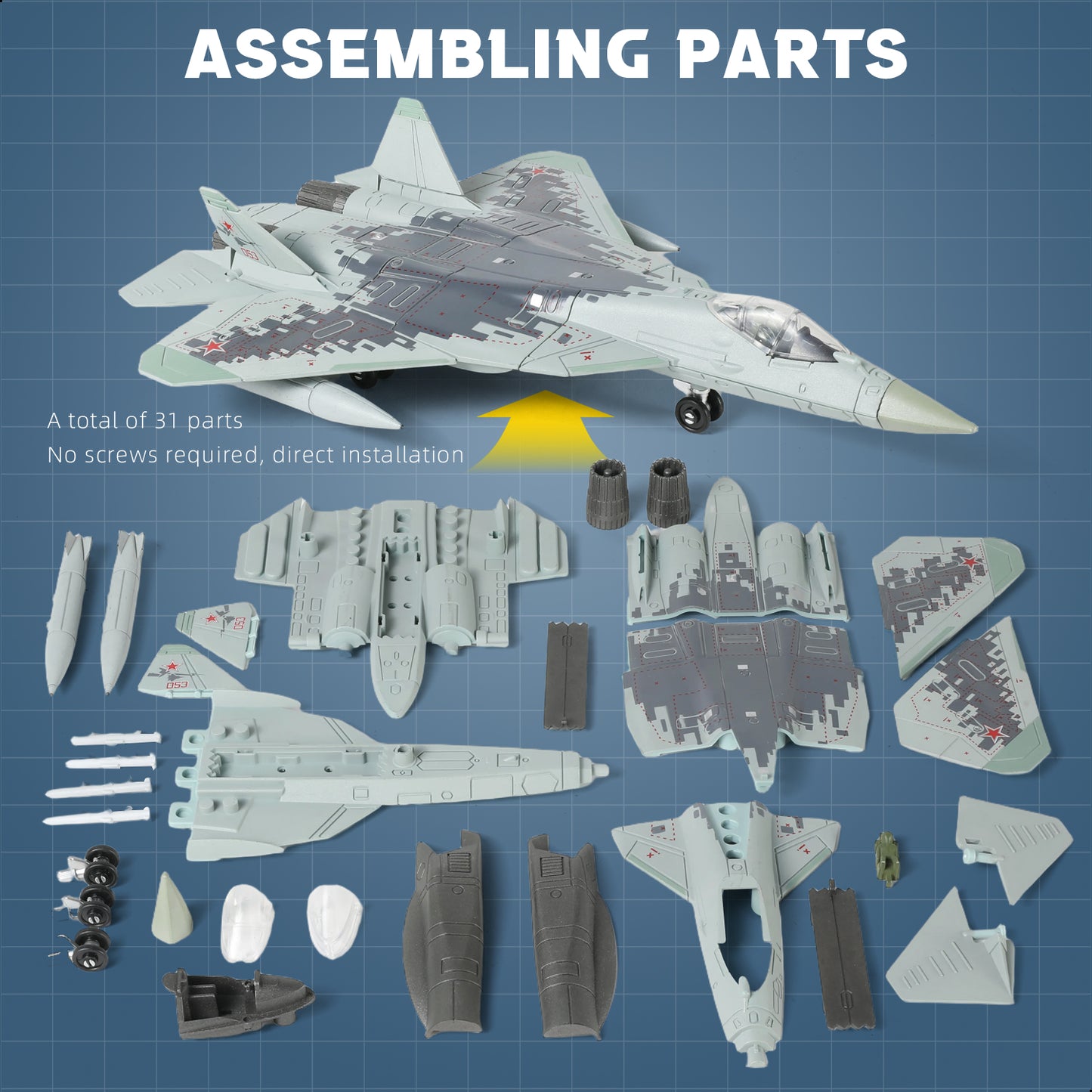 1/72 SU-57 Felon Fighter Jet Quick Build Model Kit, Snap-Fit Stealth Military Aircraft with Display Stand (31 Pieces)