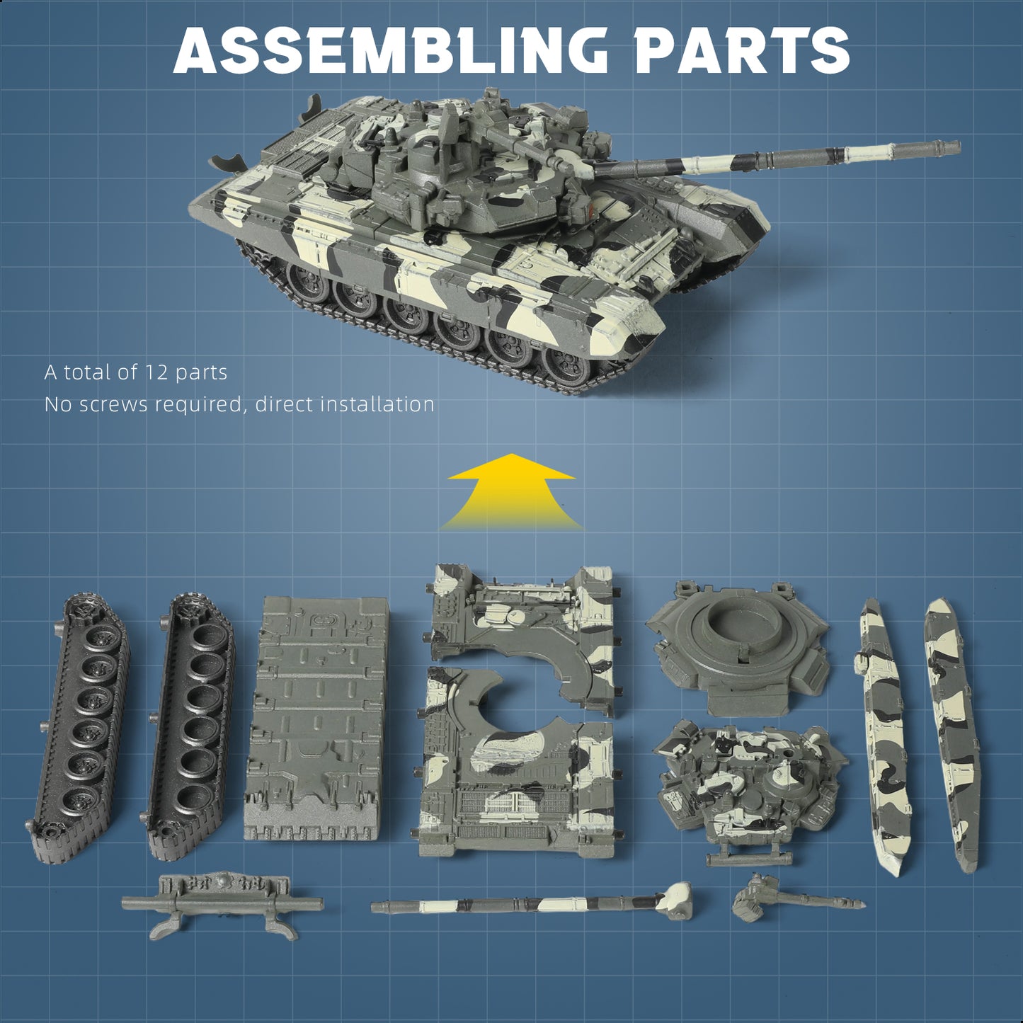 1/72 T-90 Main Battle Tank Quick Build Model Kit, Snap-Together Russian Army Armored Vehicle (12 Pieces)