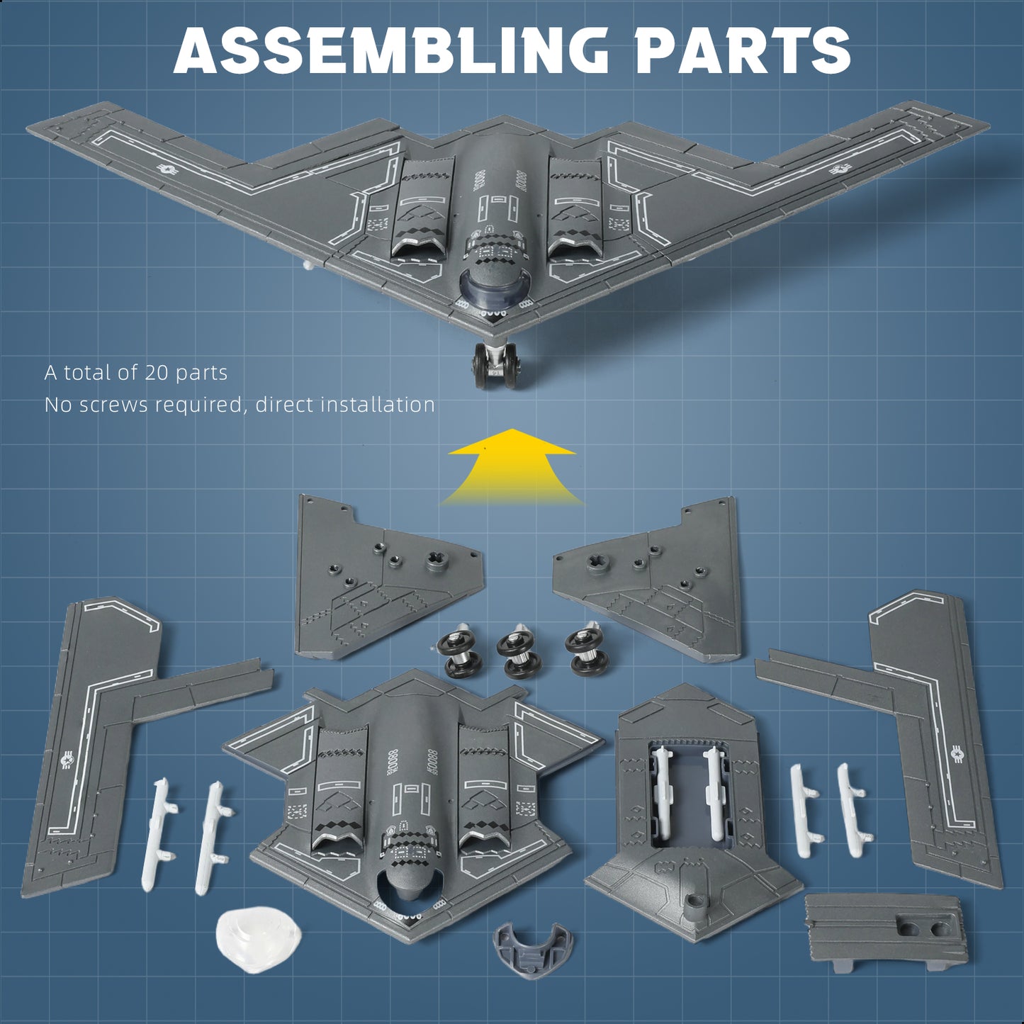 1/200 B-2 Spirit Stealth Bomber Quick Build Model Kit, Snap-Together USAF Strategic Aircraft with Display Stand (20 Pieces)