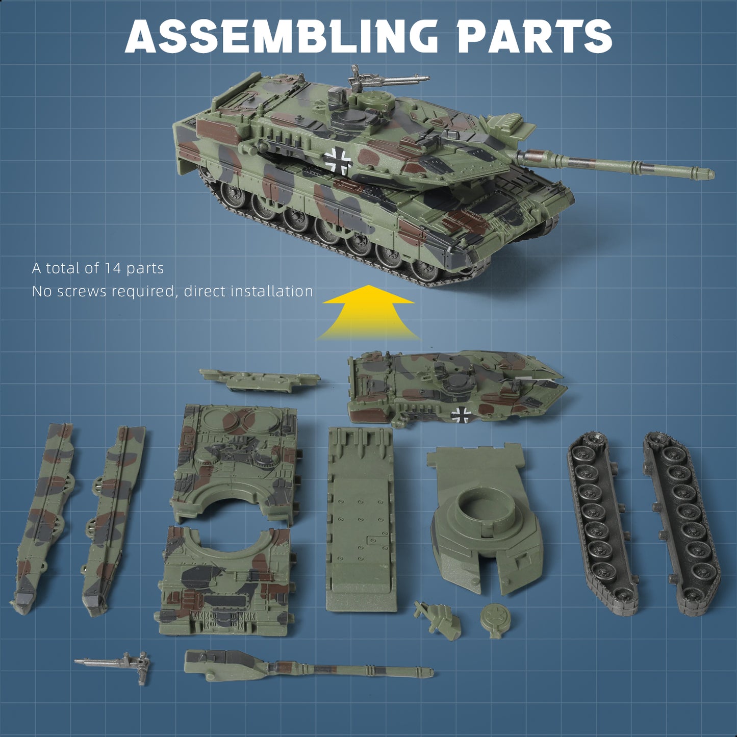 1/72 Leopard 2A7 Main Battle Tank Quick Build Model Kit, Snap-Together German Army Armored Vehicle (14 Pieces)