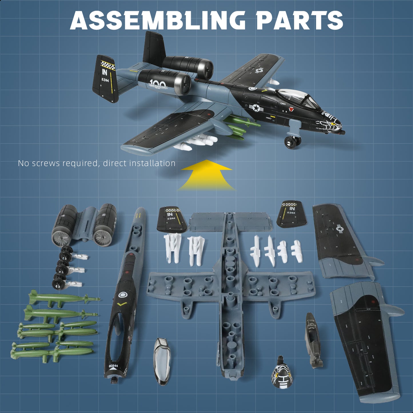 1/72 A-10 Thunderbolt II Warthog Attack Jet Quick Build Model Kit, Snap-Together Military Aircraft with Display Stand (43 Pieces)