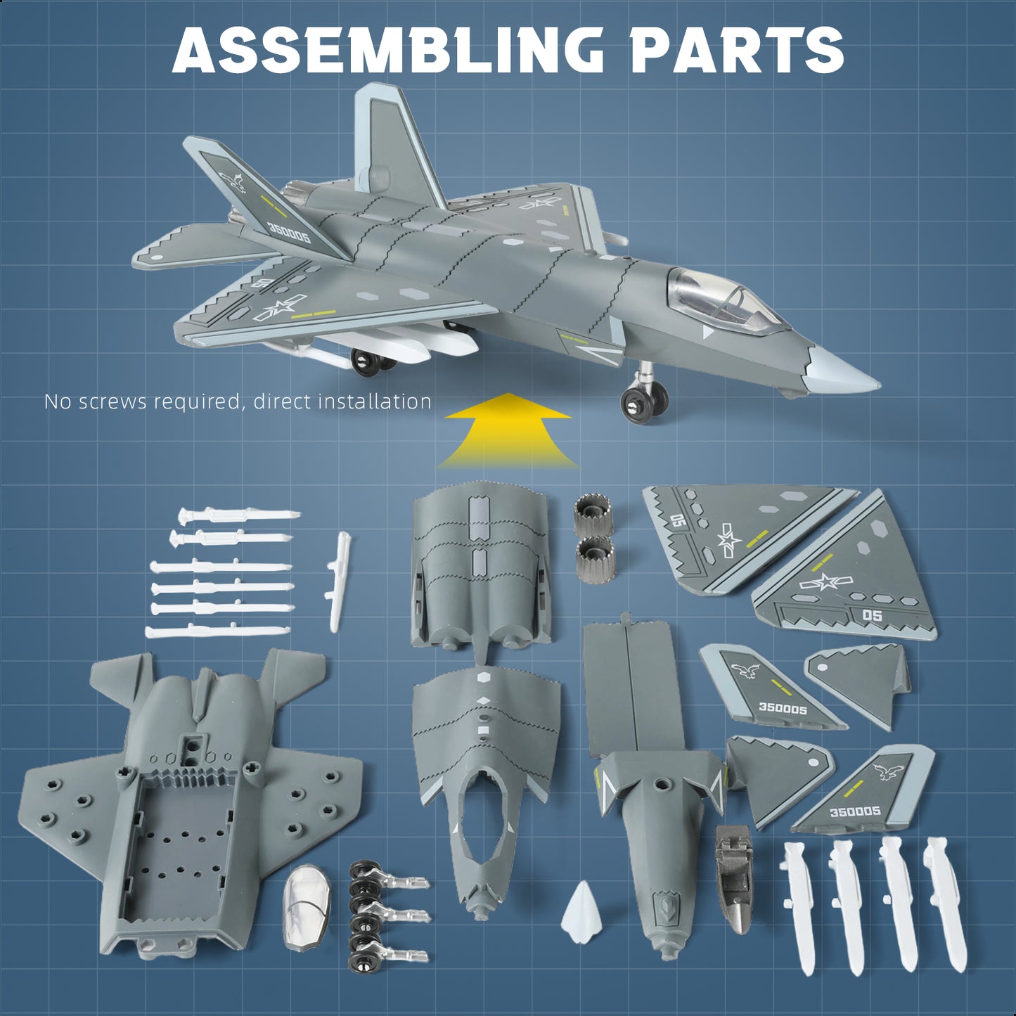 1/72 J-35 Stealth Fighter Jet Quick Build Model Kit, Snap-Together Navy Aircraft with Display Stand (30 Pieces)